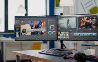 Video production studio with nobody in it and computer with two displays